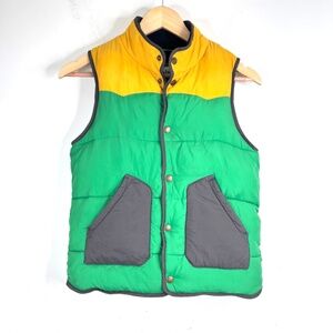 Mini Boden Colorblock Puffer Vest 9-10Y Snap Pockets Green Yellow Outdoor Fall